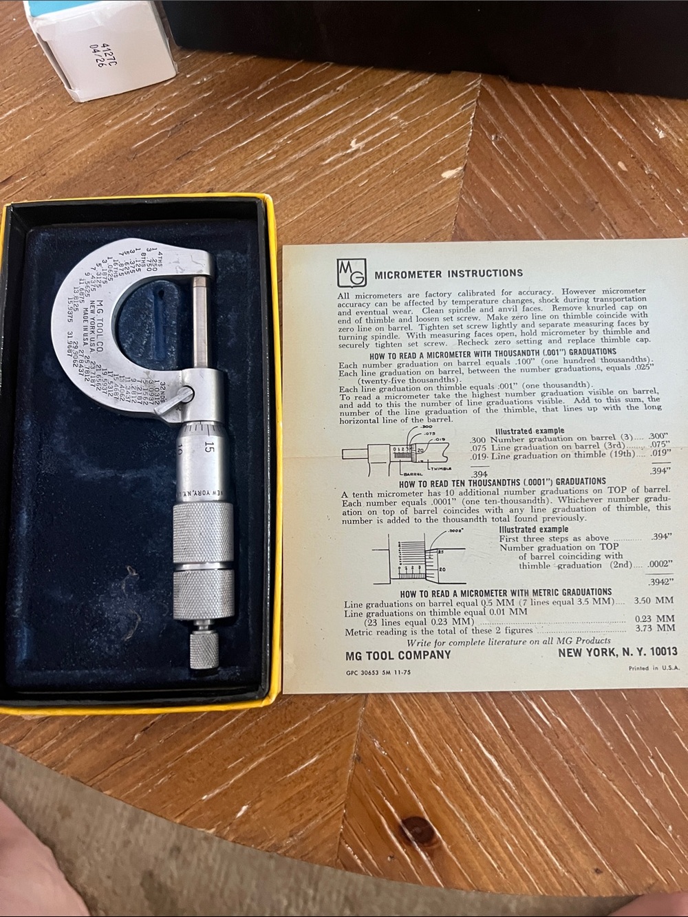 MG Tool Company Micrometer with Original Instructions - Silver